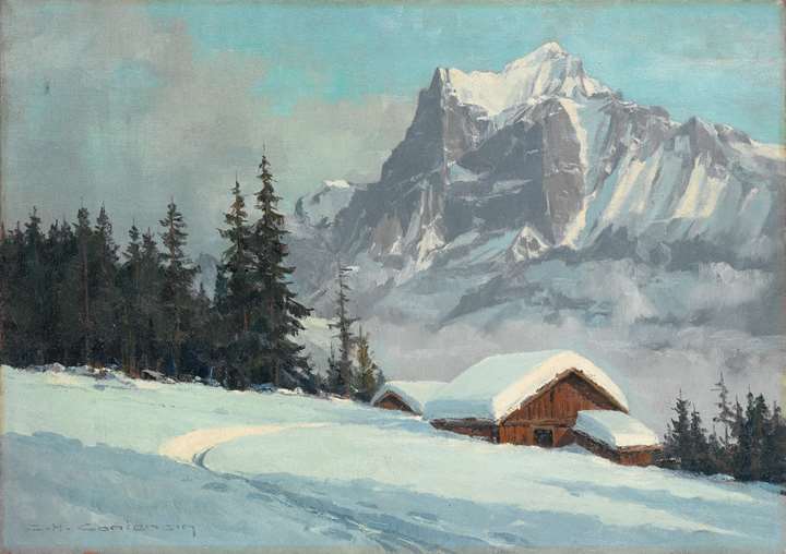 The Wetterhorn in winter seen from Bort, Grindelwald, Switzerland.